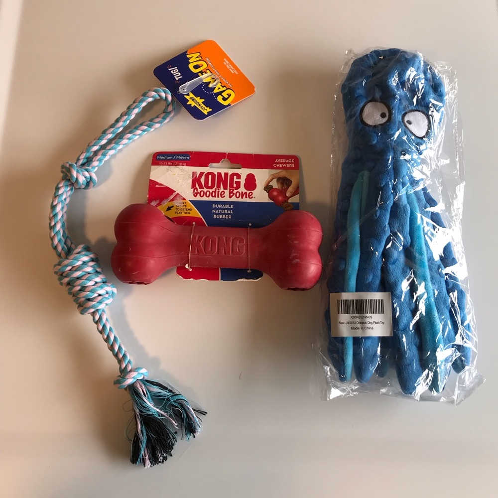 Kong Medium Goodie Bone + Crinkle Squeaker No Stuffing Octopus + Rope Dog Toy
